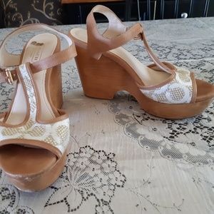 Coach Jacquard Signature Tan White Wedge Sandals